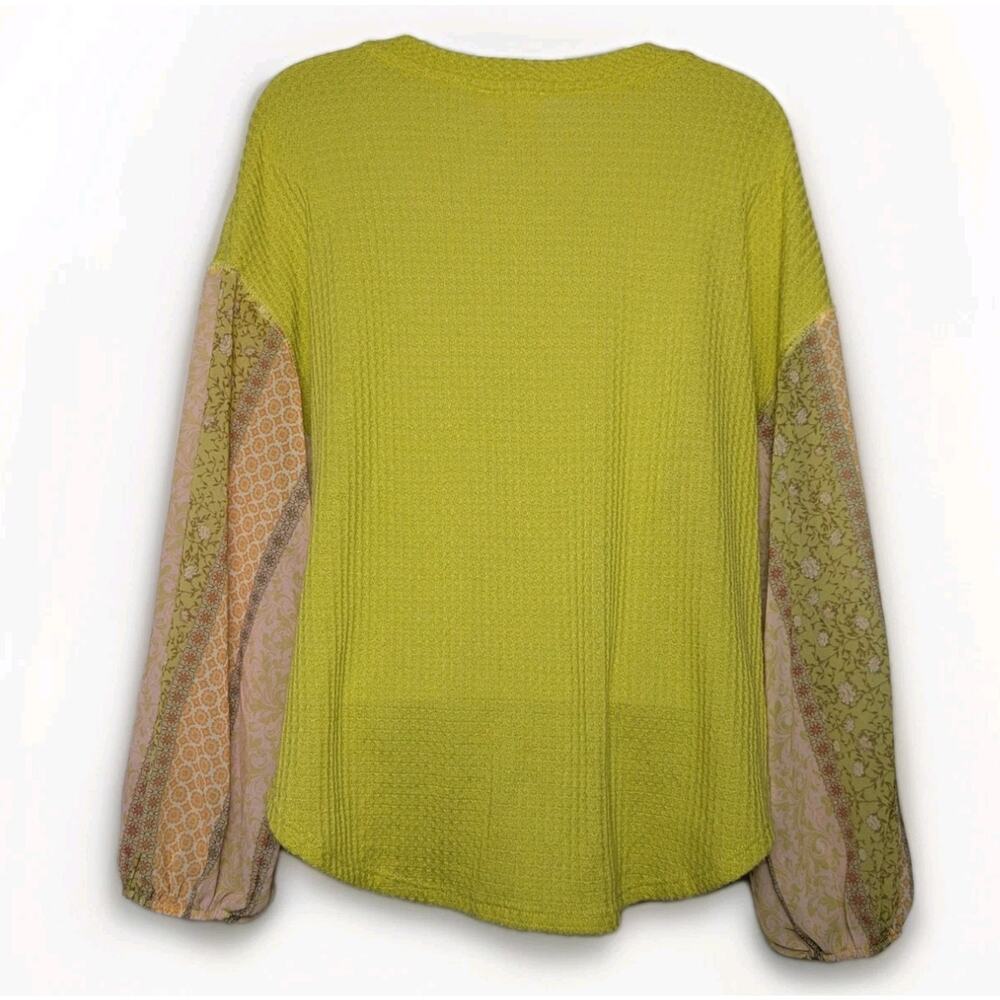 Blu Pepper Pea Green Waffle Knit Sheer Pattern Balloon Sleeve Lagenlook Blouse S - Picture 2 of 6